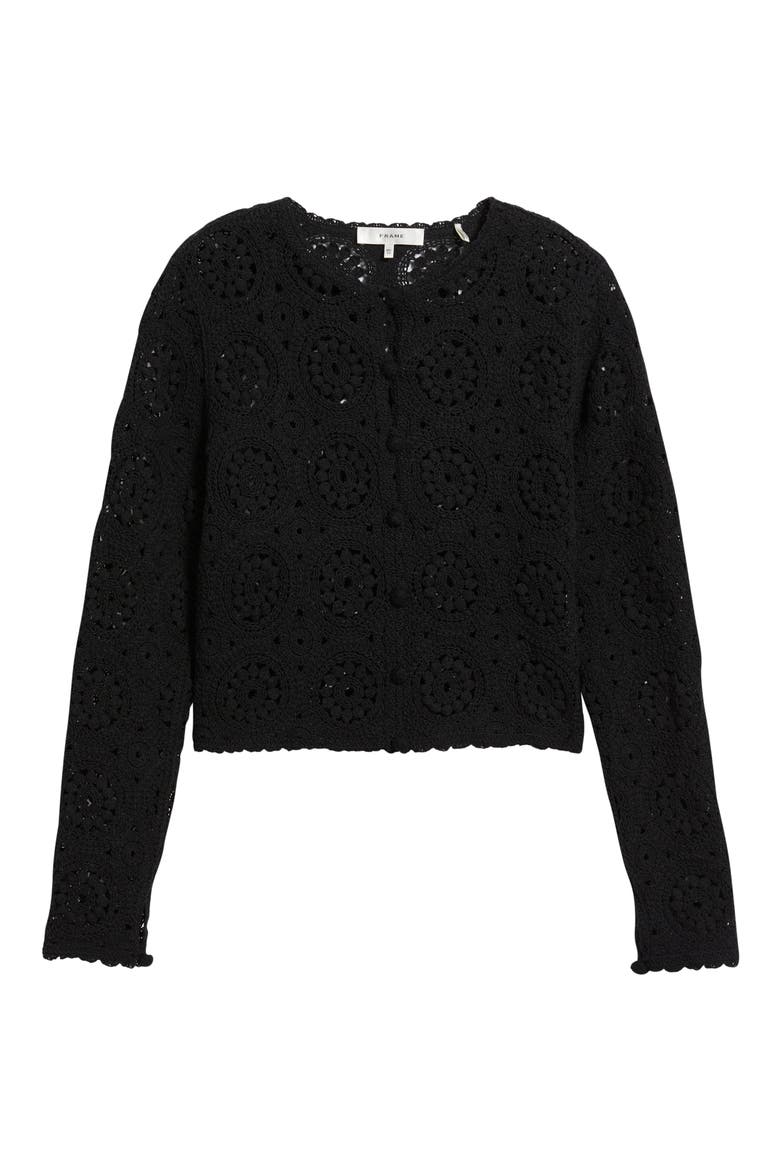 The Crochet Cotton Button-Up Cardigan, Alternate, color, BLACK