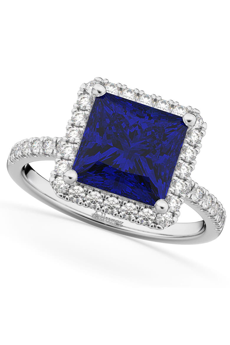 Princess Cut Halo Blue Sapphire & Diamond Engagement Ring 14K, Main, color, 3.47ct/White Gold