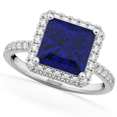 Princess Cut Halo Blue Sapphire & Diamond Engagement Ring 14K