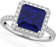 ALLUREZ Princess Cut Halo Blue Sapphire & Diamond Engagement Ring 14K