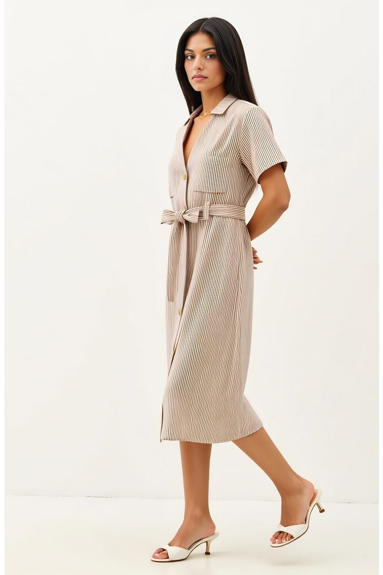 Striped Button-Down Midi Dress with Waist Tie and Collared Neckline, Alternate, color, Beige / Brown Striped