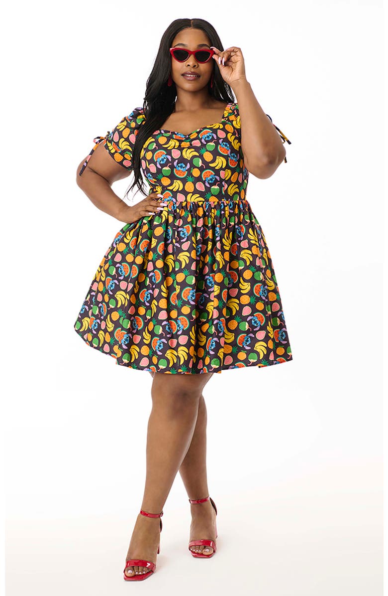 Unique Vintage Plus Size Dakota Fit & Flare Dress, Main, color, Black Stitch/ Fruit Print