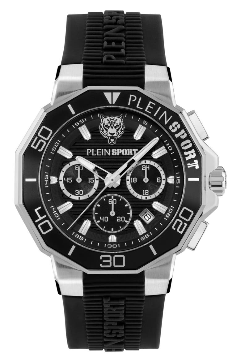 Titan Three Hand Quartz Silicone Strap Watch, 46mm, Main, color, STAINLESS STEEL/BLACK
