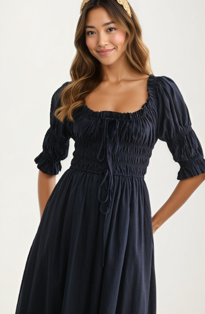 Knit and Lounge Smocked Bodice Puff Sleeve Maxi Dress, Alternate, color, 