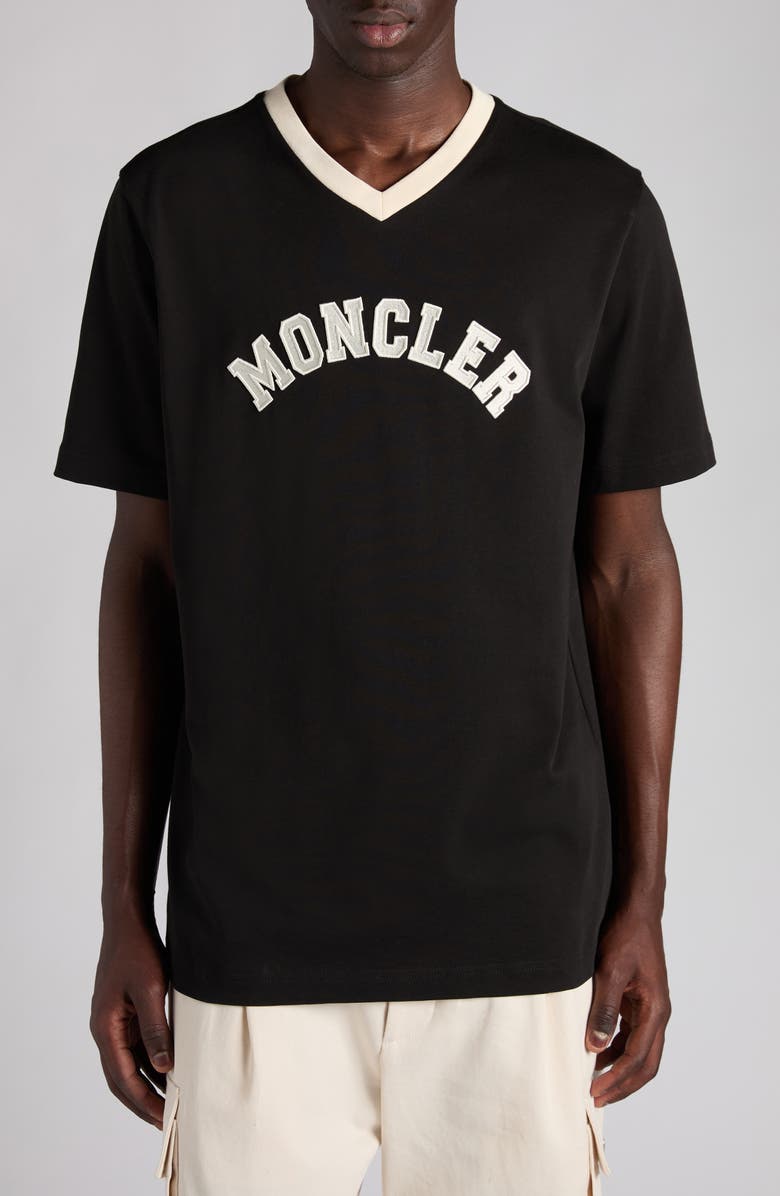 Moncler Logo Patch V-Neck Cotton T-Shirt, Main, color, Black