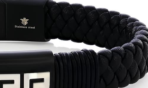 Blackjack Stainless Steel Greek Key Woven Leather Bracelet