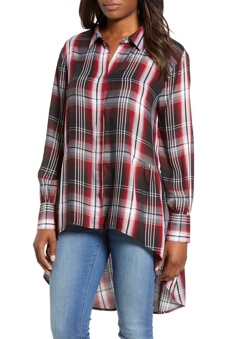 Plaid High Low Peplum Tunic Blouse, Main, color, RUST PLAID