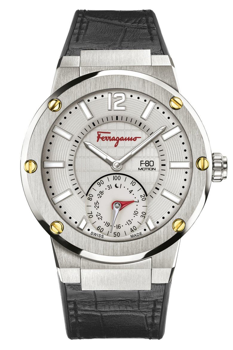 Salvatore Ferragamo 'F-80 Motion' Leather Strap Smart Watch, 44mm, Main, color, BLACK/ GREY/ SILVER