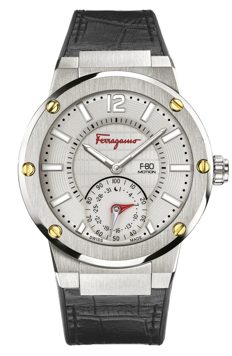 FERRAGAMO Salvatore Ferragamo 'F-80 Motion' Leather Strap Smart Watch, 44mm, Main, color, 