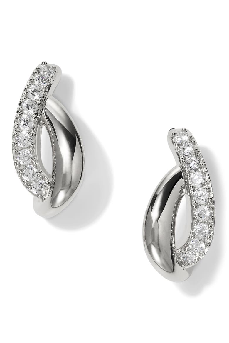Juno Twist Pavé Cubic Zirconia J-Hoop Earrings, Main, color, RHODIUM