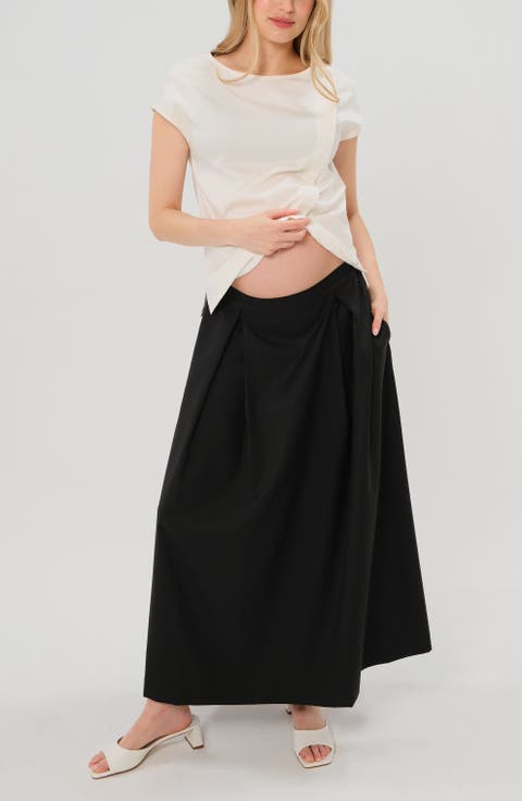 Women's Over-Under Bump Pleated Maternity Maxi Skirt in Cream Satin
