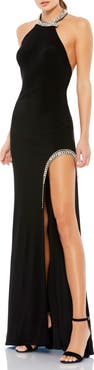 Ieena for Mac Duggal High Slit Halter Gown w/ Rhinestone Accents