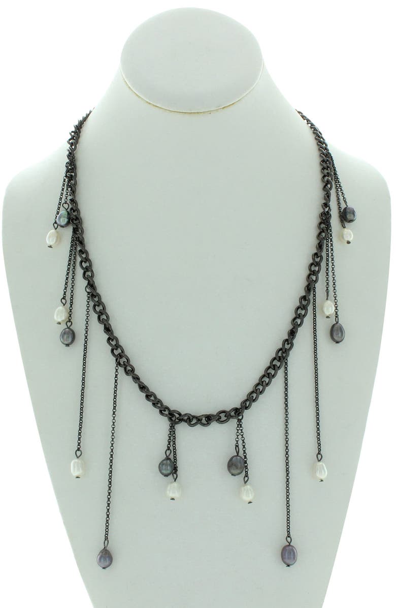 OLIVIA WELLES Graduated Imitation Pearl Curb Chain Statement Necklace, Alternate, color, Gunmetal / Grey / White