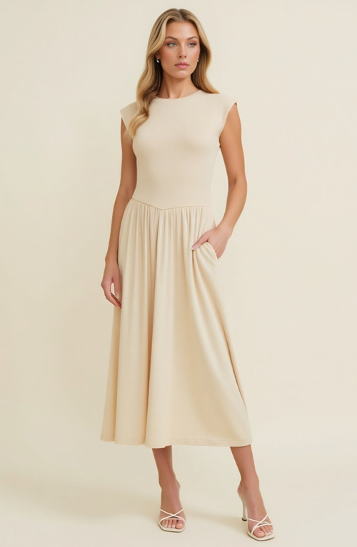Modenaire Cap Sleeve Knit Bodice Dress With Flowy Midi Skirt And Side Pockets
