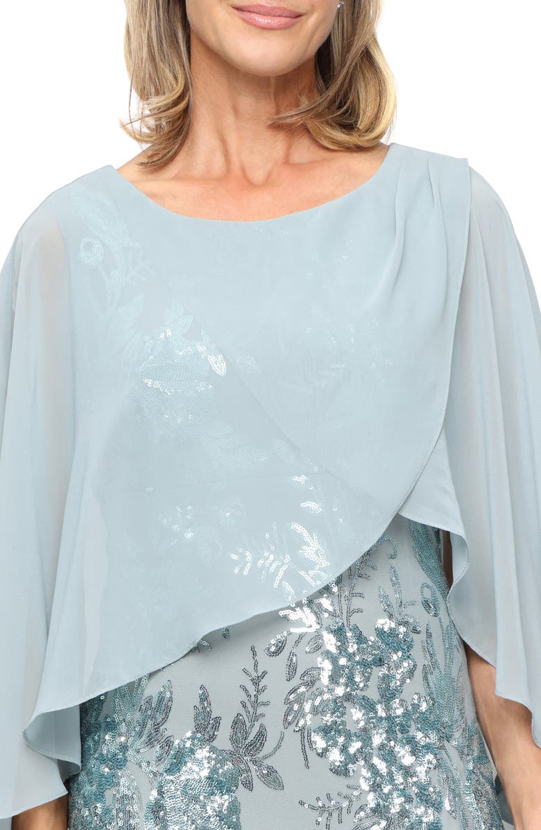 SL FASHIONS Sequin Floral Gown with Cape Overlay, Alternate, color, Sage