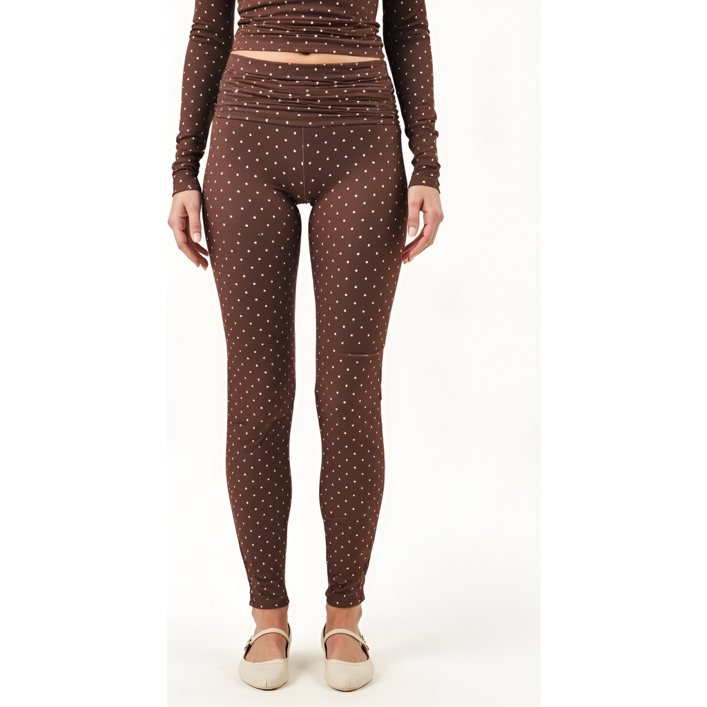 Modenaire Polka Dot Print High Waist Full-length Leggings With Wide Waistband In Brown