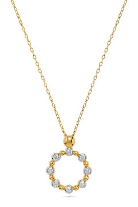 Bezel Set Diamond Beaded Circle Pendant Necklace in 14K Yellow Gold