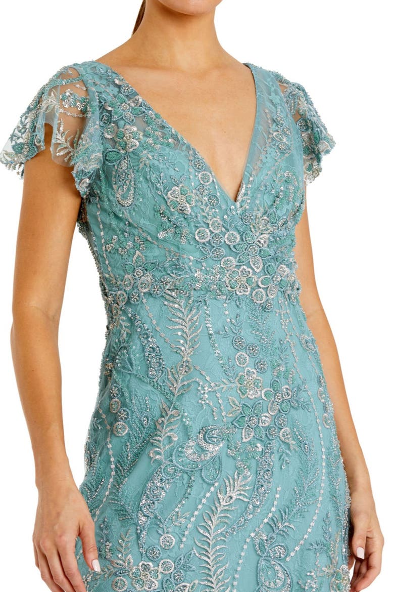 V Neck Flutter Sleeve Floral Embroidered Gown, Alternate, color, Seafoam