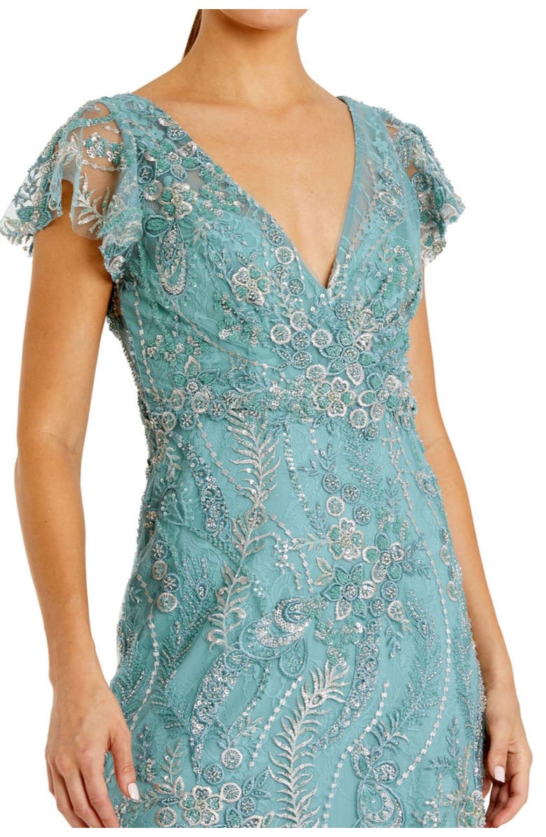 Mac Duggal V Neck Flutter Sleeve Floral Embroidered Gown, Alternate, color, Seafoam