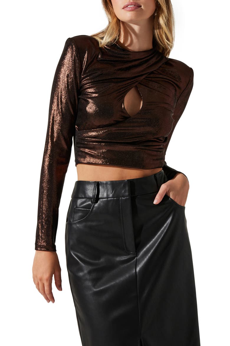 Metallic Keyhole Crossover Crop Top, Alternate, color, BRONZE