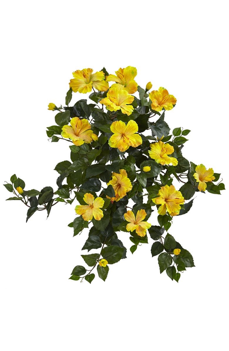 NEARLY NATURAL 24-in Hibiscus Hanging Artificial Plant, Main, color, Yellow