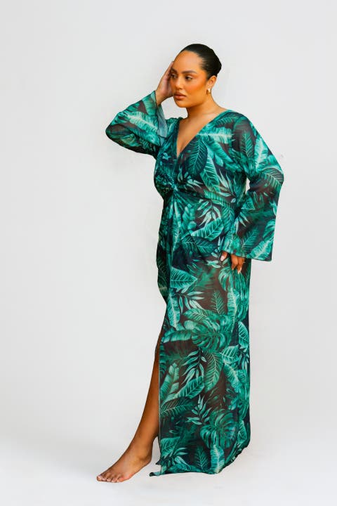 Curve Palm Print Twist Front Kaftan