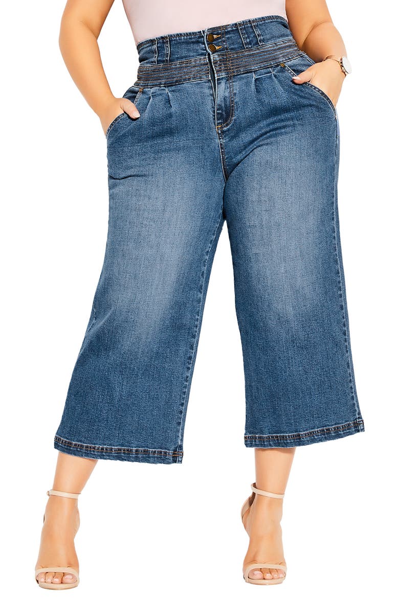 High Waist Crop Denim Culottes, Main, color, MID DENIM