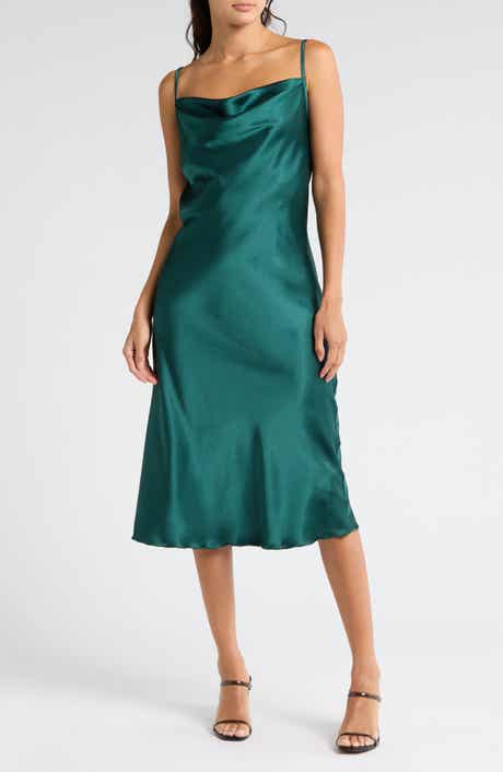 bebe Satin Cowl Neck Midi Dress