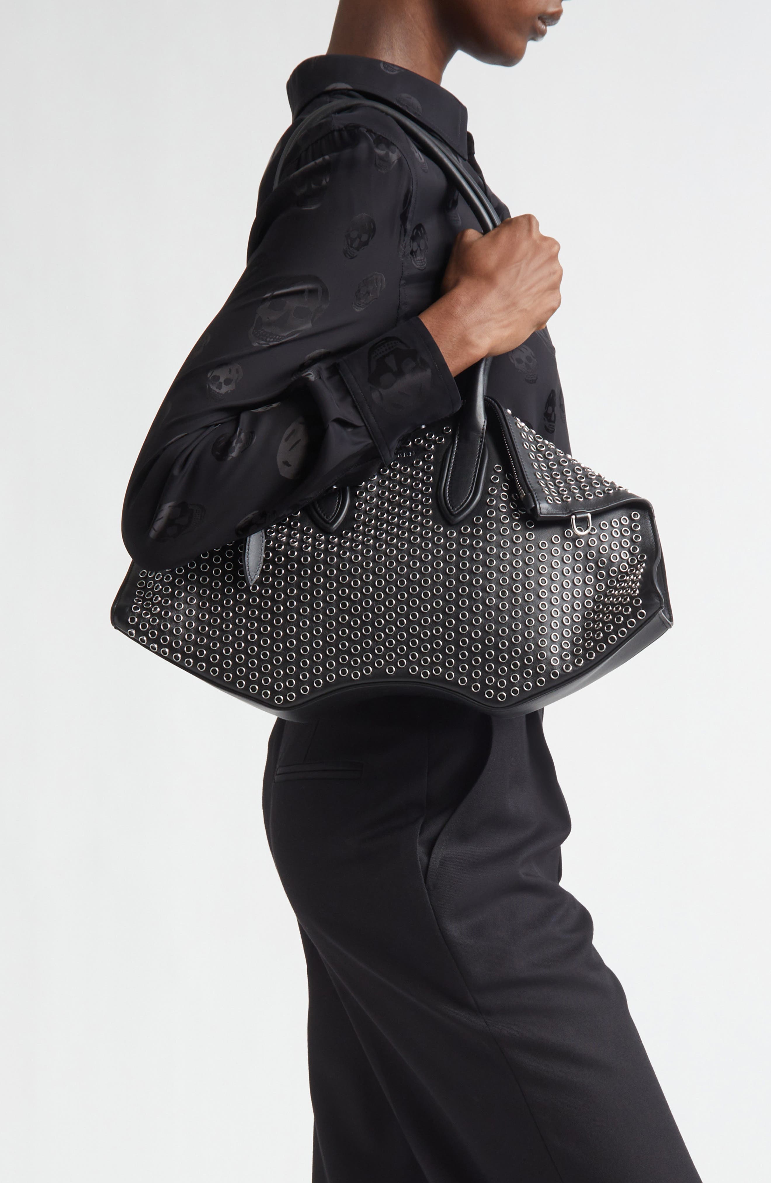 McQueen Medium Manta Grommet Leather Handbag, Alternate, color, Black/ Silver