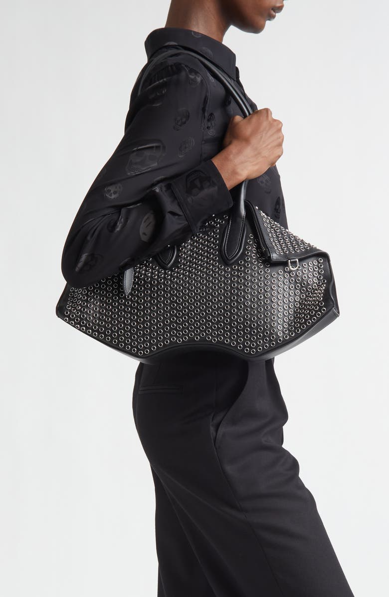 McQueen Medium Manta Grommet Leather Handbag, Alternate, color, Black/ Silver