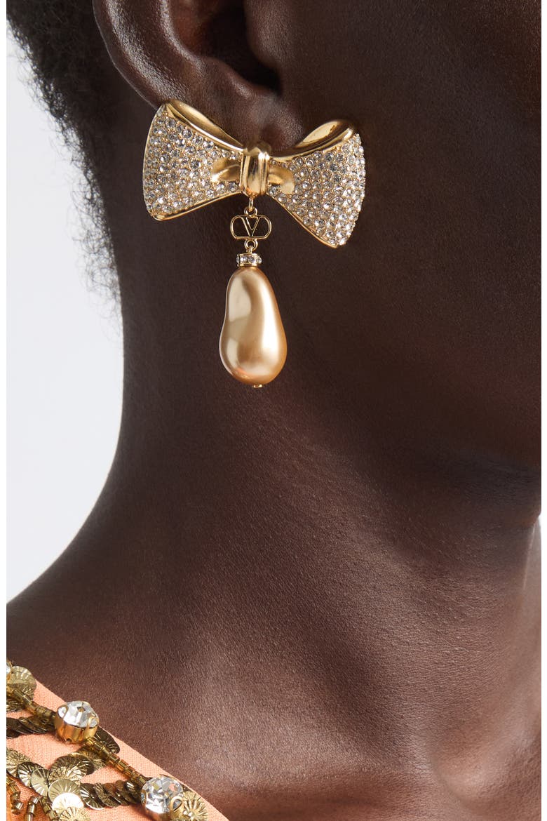 San Fin Bow Faux Pearl Drop Earrings, Alternate, color, GOLD