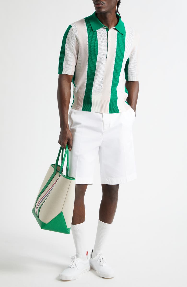 Thom Browne Shadow Stripe Mixed Stitch Short Sleeve Cashmere Polo Sweater, Alternate, color, Light Pink