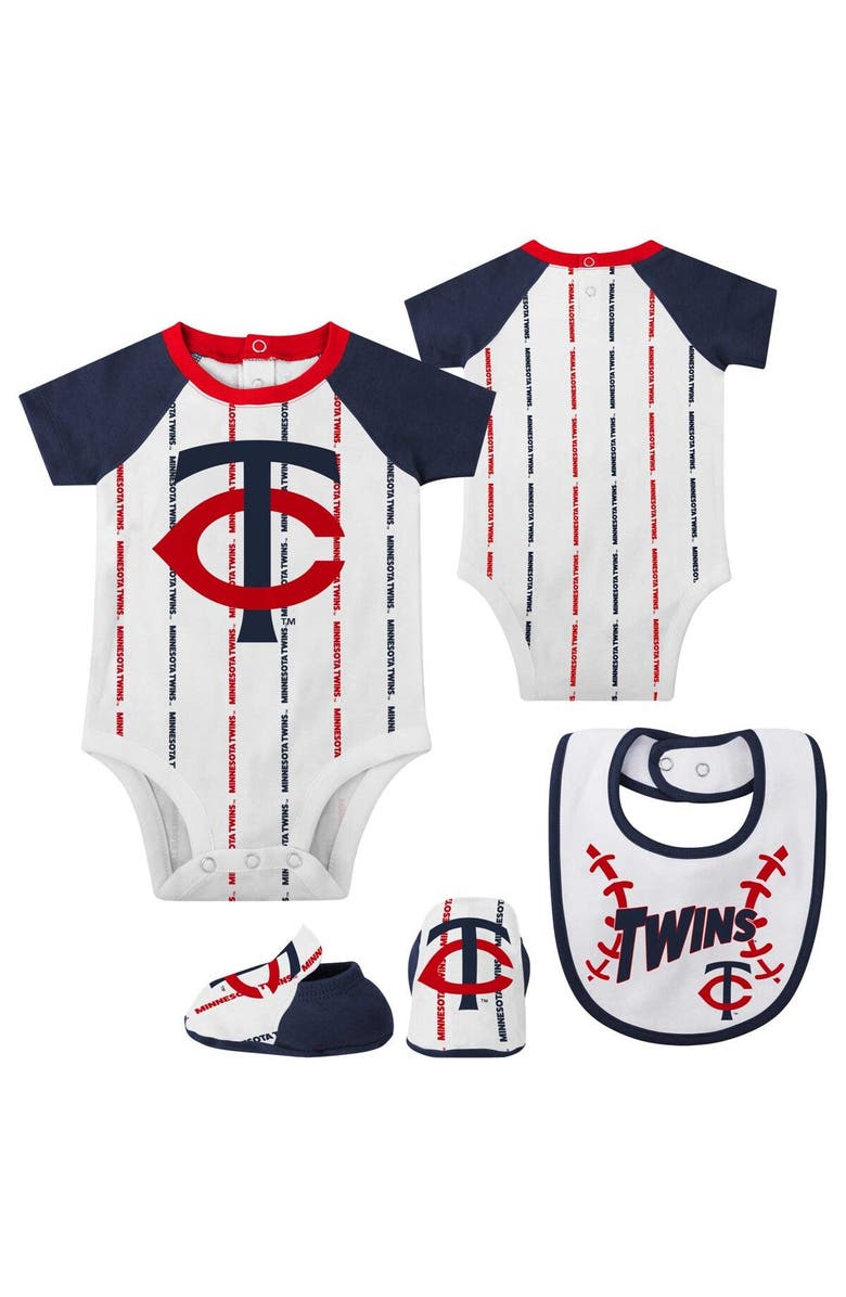 Outerstuff Newborn & Infant White Minnesota Twins Three-Piece Play Ball Raglan Bodysuit Booties & Bib Set, Main, color,