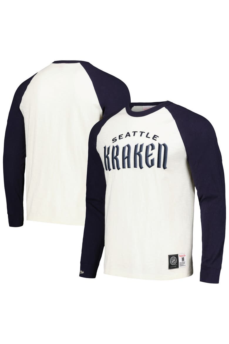 Men's Mitchell & Ness Cream Seattle Kraken Legendary Slub Vintage Raglan Long Sleeve T-Shirt, Main, color, Cream