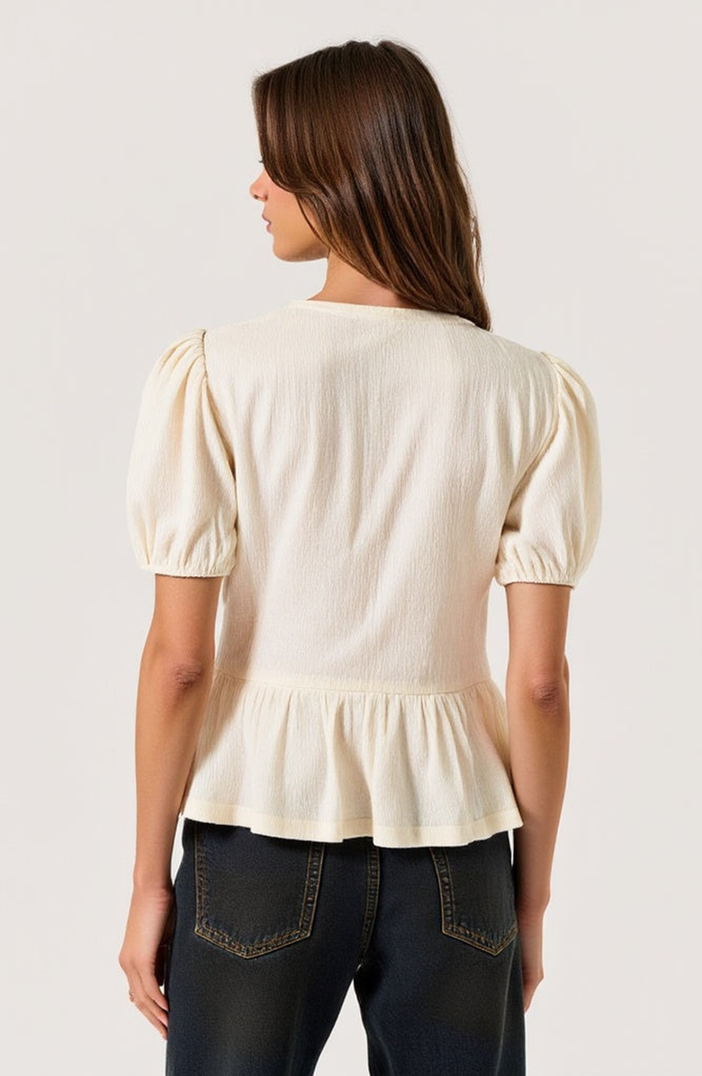 Modenaire Puff-Sleeve Peplum Blouse with Bow-Tie Front Detail, Alternate, color, Off-White / Cream
