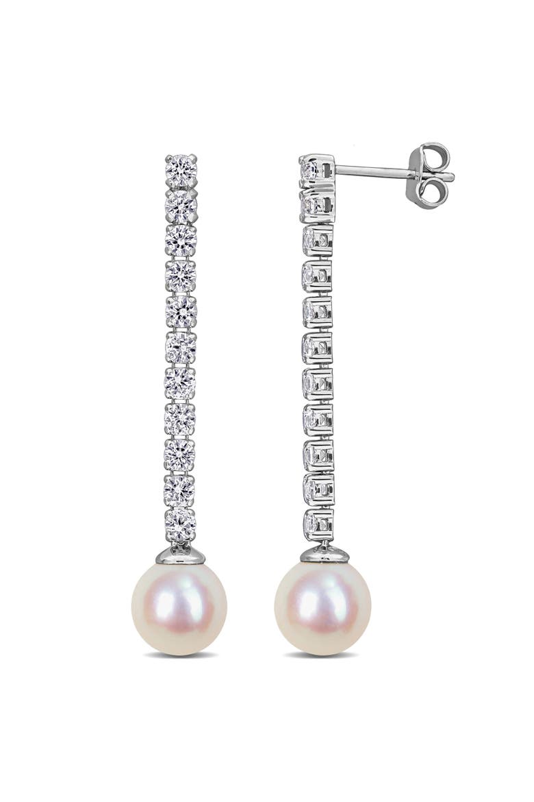 Pearl & Created White Sapphire Dangle Earrings, Main, color, White Gold