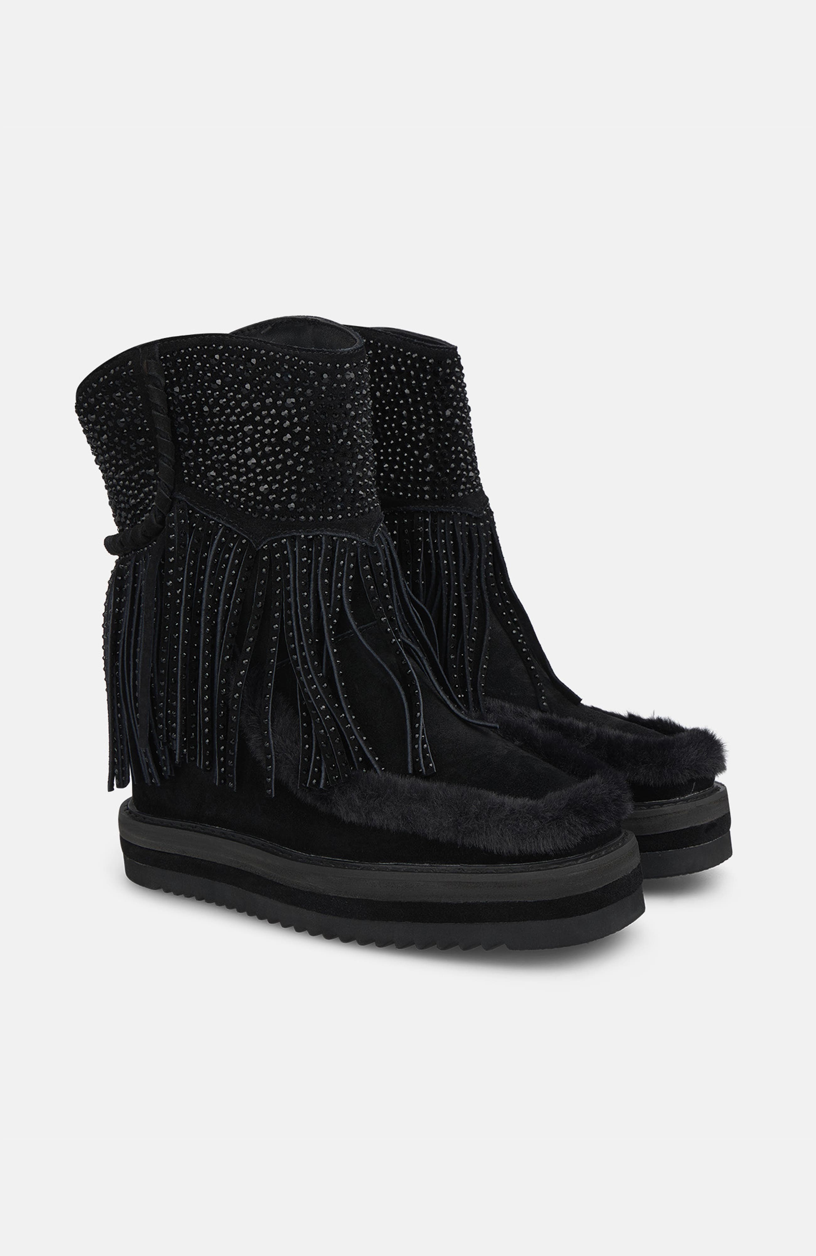 Fur Fringed Bootie, Main, color, Black