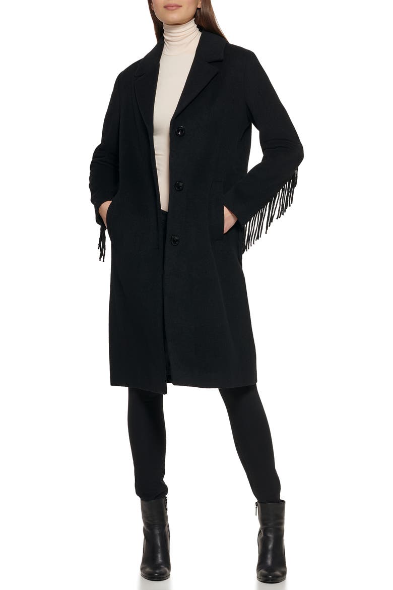Notched Collar Wool Blend Fringe Coat, Alternate, color, BLACK