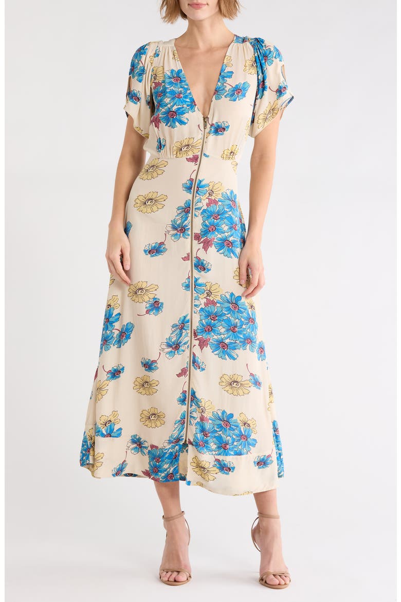 The Laurel Floral V-Neck Zip Front Dress, Main, color, SUNGOLD FLORAL