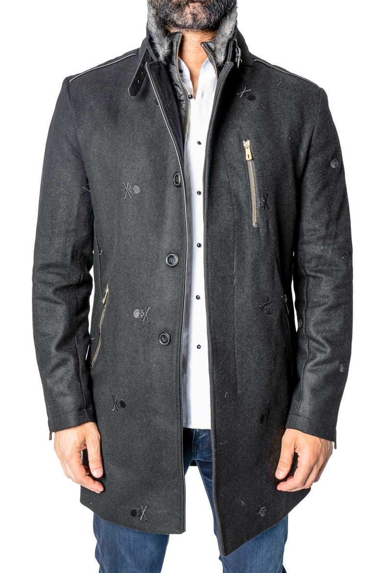 Captainskull Embroidered Wool Blend Peacoat, Main, color, BLACK