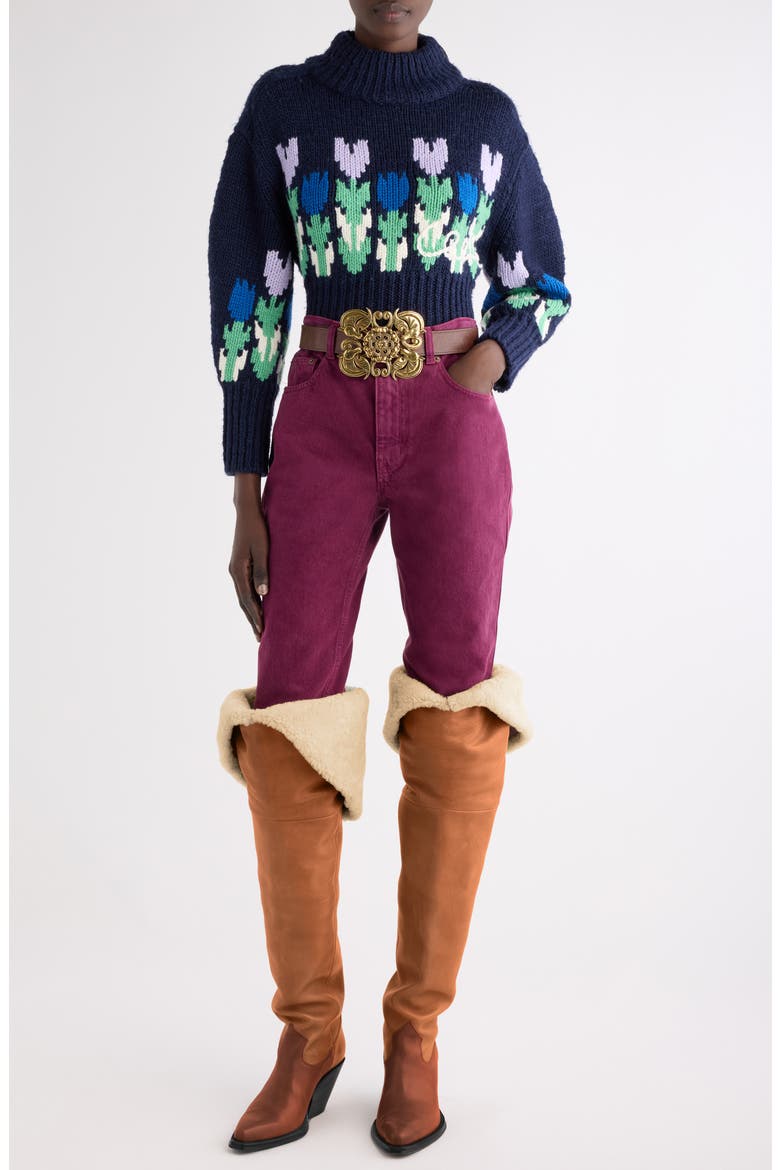 Graphic Floral Crop Wool Sweater, Alternate, color, DARK NAVY