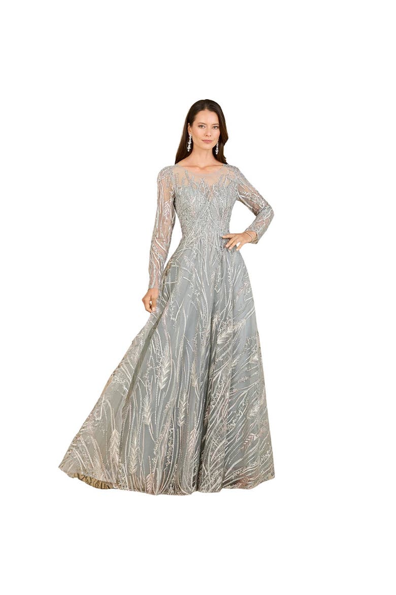 Long Sleeve Illusion Neck Gown, Main, color, SilverSage