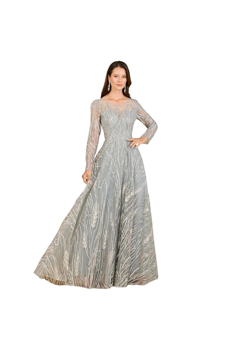 LARA New York Long Sleeve Illusion Neck Gown, Main, color, Silversage