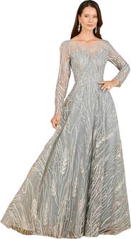 LARA New York Long Sleeve Illusion Neck Gown