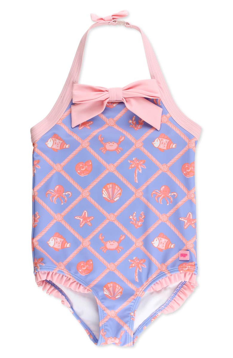 RuffleButts Kids' Tropical Trellis UPF 50+ One-Piece Swimsuit, Main, color, Blue