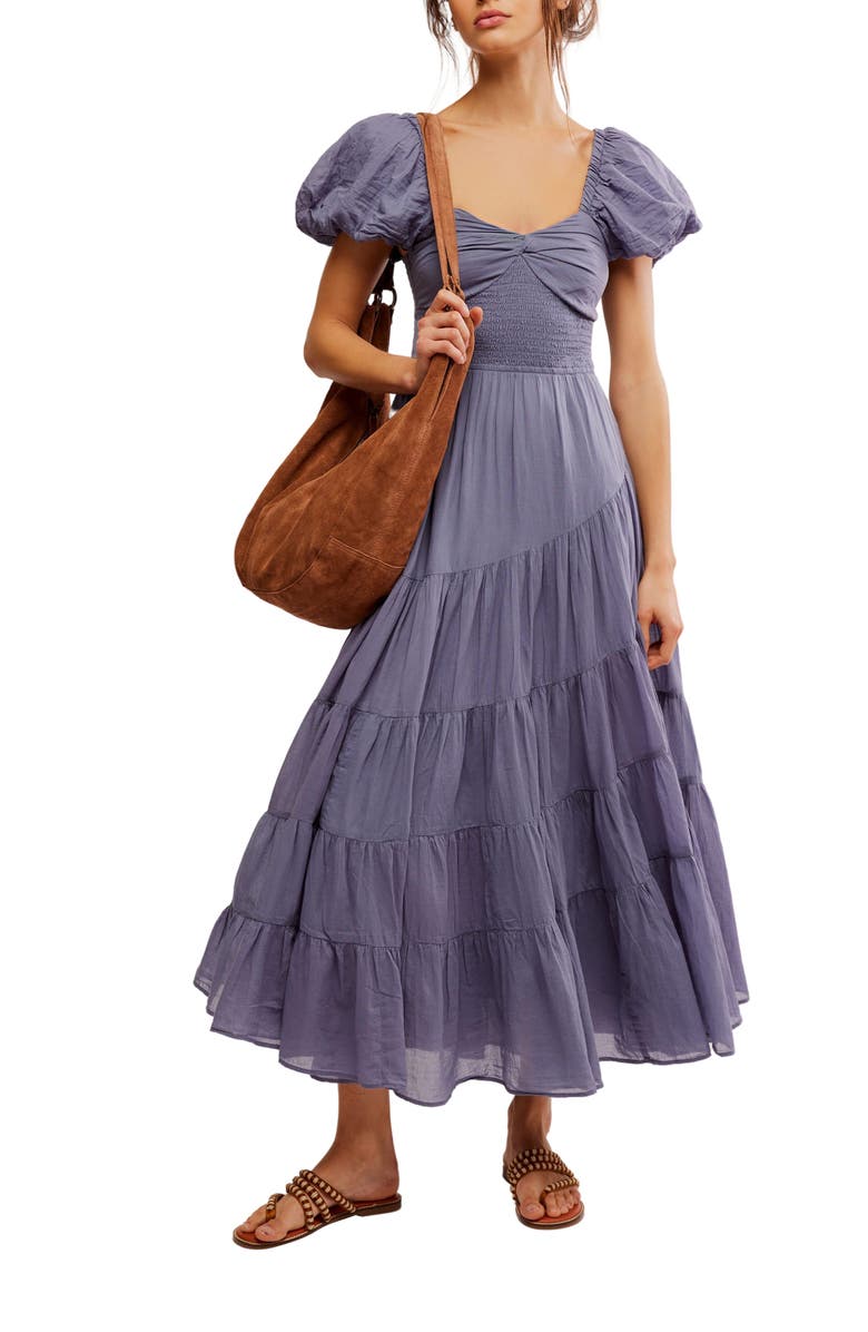 Free People Sundrenched Smocked Puff Sleeve Maxi Dress, Alternate, color, Blue Granite