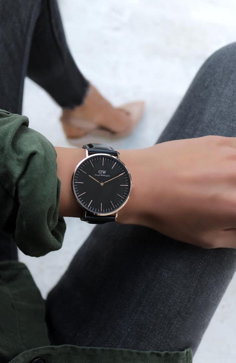 Daniel Wellington Classic Sheffield Leather Strap Watch, 40mm, Alternate, color, Silver/ Black