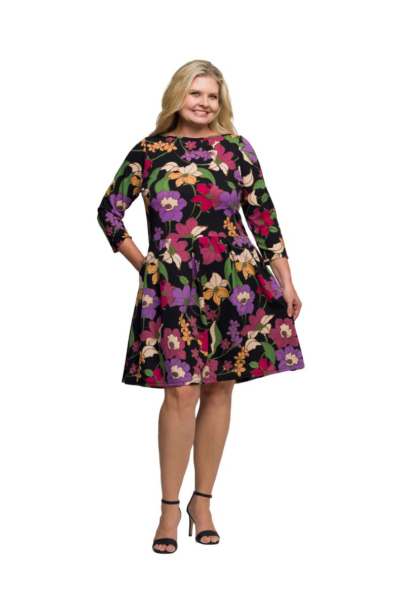 24seven Comfort Apparel Plus Size Floral Fit and Flare Pocket Knee Length Dress, Main, color, Black Multi