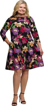 24seven Comfort Apparel Plus Size Floral Fit and Flare Pocket Knee Length Dress