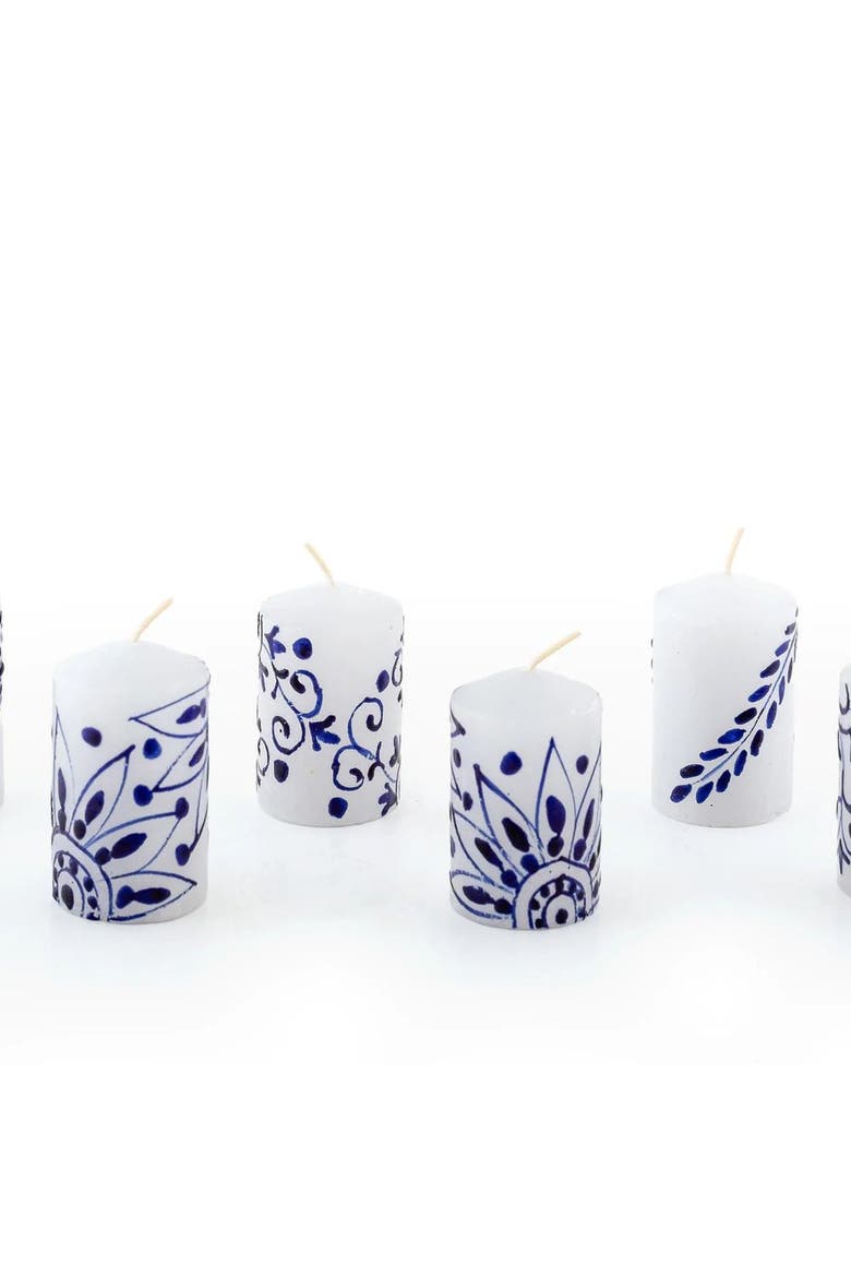 Henna Blue on White Painted Voltive Candles - Set of 6, Main, color, Henna Blue - 2"
